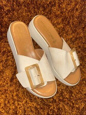 White Slide Mules with Beige Accent Buckle